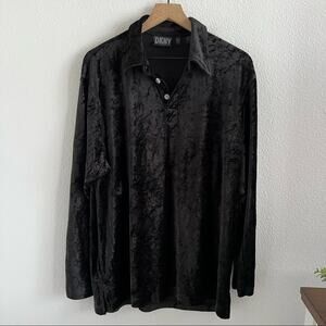 Vintage DKNY Black Crushed Velvet Velour Long Sleeve Popover Shirt Y2K 90s Large